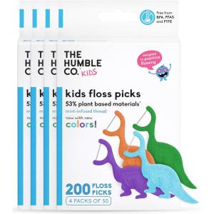 The Humble Co Dental Floss Picks for Kids Teeth, (200 Count) – Easy to Hold Dinosaur Shaped Kids Floss Picks for Healthy Gums – Plant-Based Shred-Resistant Flossers for Dental & Oral Care – (Mint)
