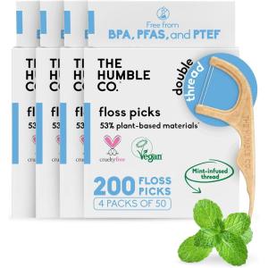 The Humble Co. Floss Picks (200 Count) – Plant Based Dental Floss Picks for Superior Oral Care, Dental Hygiene, and Gum Health, Cruelty Free Tooth Floss Picks (Charcoal, Double Thread)(Mint)