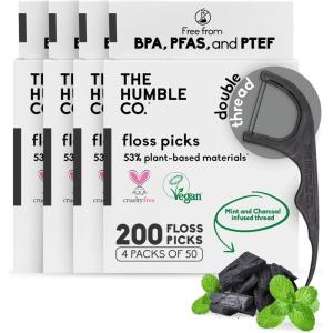 The Humble Co. Floss Picks (200 Count) – Plant Based Dental Floss Picks for Superior Oral Care, Dental Hygiene, and Gum Health, Cruelty Free Tooth Floss Picks (Charcoal, Double Thread)(Charcoal)