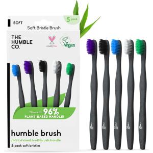 The Humble Co Plant-Based Soft Bristle Toothbrushes, 5 Pack – Manual Tooth Brush Set for Adults – Made with Plant Based Materials & BPA-Free Bristles – Dental Oral Care & Hygiene(Soft Bristles)