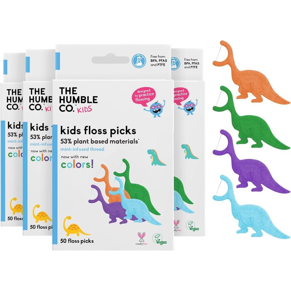 image:imageThe Humble Co Dental Floss Picks for Kids 200 Count Plant Based Dinosaur Shaped Floss for Kids Cruelty Free Floss for Superior Oral Care Dental Care and Gum Health Mint