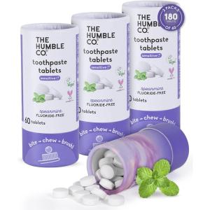 The Humble Co Teeth Whitening Chewable Toothpaste Tablets, Peppermint – Fluoride-Free Toothpaste Tabs – Bite, Chew, Brush – Travel-Friendly & Waste-Free Dental Oral Care & Hygiene – 180 Count(Sensitive)